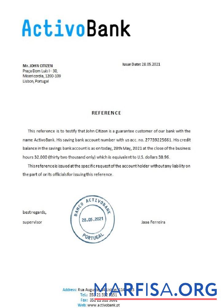 Printable Portugal Activobank reference real example